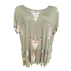 Entro Bull Skull Peplum Tunic Top Womens Size XL Green Short Sleeve Blouse Rayon